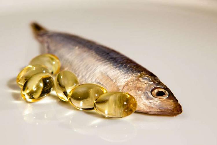 Omega-3 softgels next to sardine